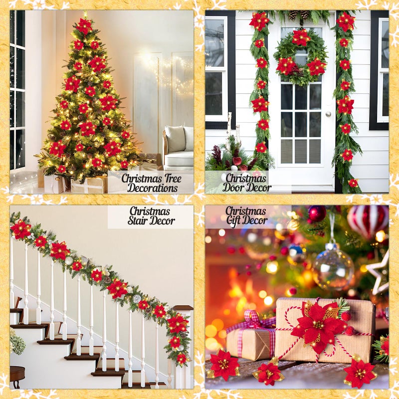 Geefuun 28PCS Christmas Tree Decorations: Poinsettias Artificial Flowers Ornaments Xmas Red Glitter Flower with Clips,3 Sizes Not Included Stems - Image 2